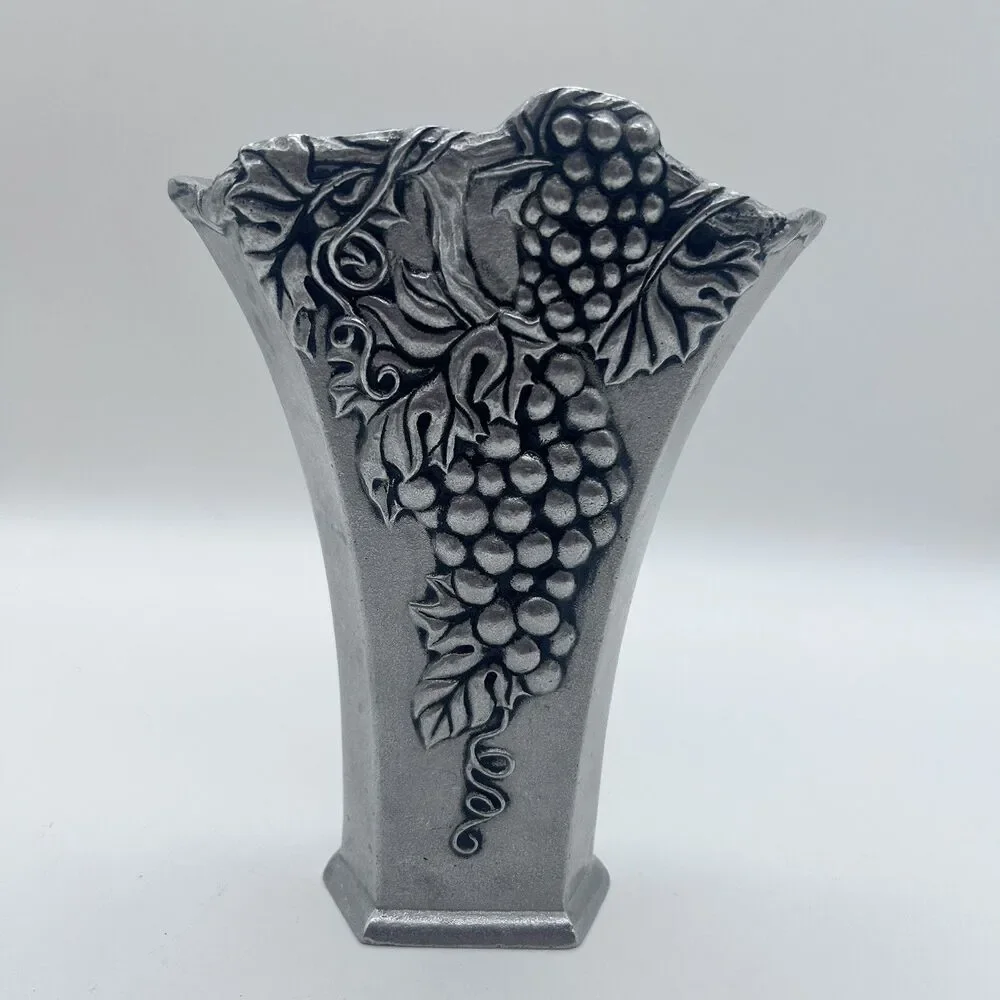 Silver Tone Metal Textured Heavy Fan Shaped Vase Vineyard Grape Pattern, 8”